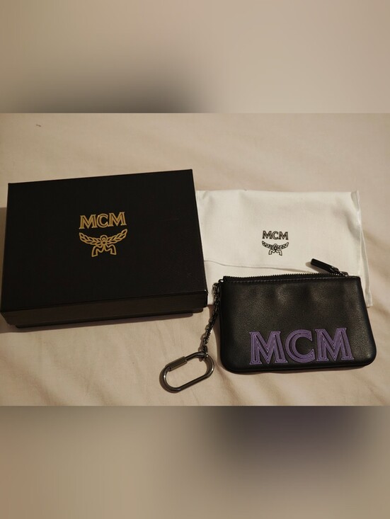 MCM Other - MCM Black Leather Zip Pouch with Purple Logo